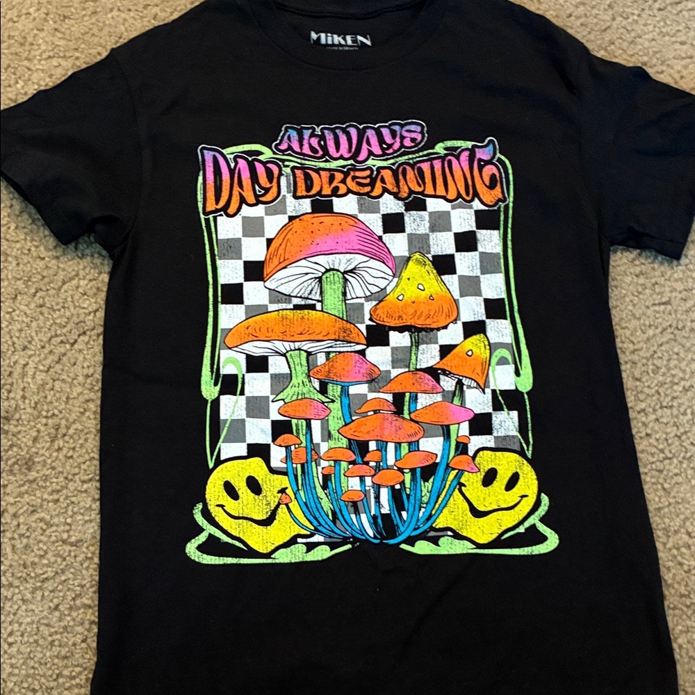 Miken Black Tee with Colorful Mushroom Design